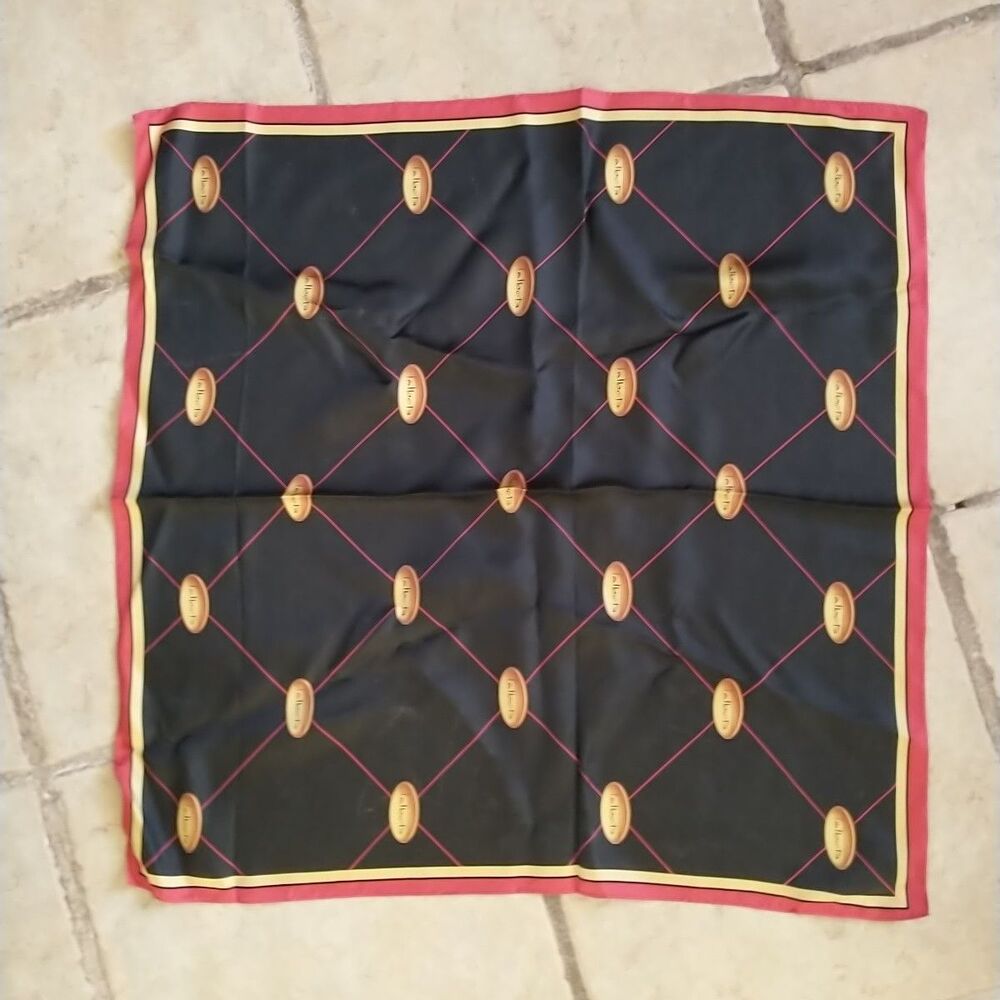 Vtg Talbots Scarf Silk Navy Black Red Gold Spell Out Logo Rolled Hem Square 21"